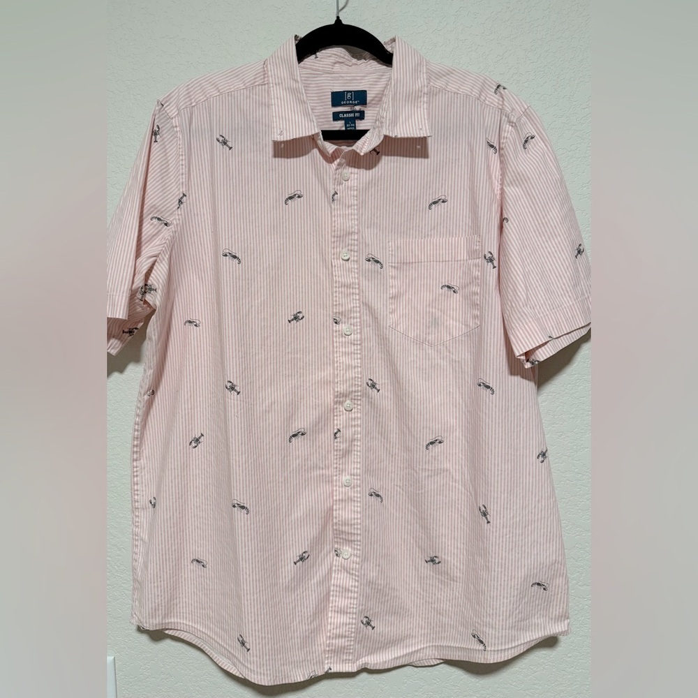 GEORGE Mens Sz LG Button Up Pink Stripped Lobster Printed Shirt NOVELTY NAUTICAL